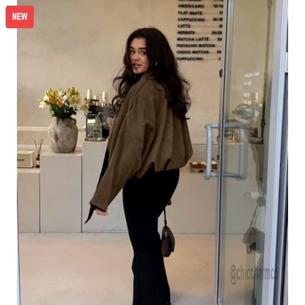 Faux Suede Bomber Jacket Oversized Cropped Lapel Motorcycle Style - Picture 3 of 7